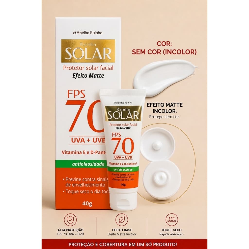Protetor Solar Facial FPS 70 Abelha Rainha Toque Seco Sem Cor & Efeito Base Bege Natural Medio