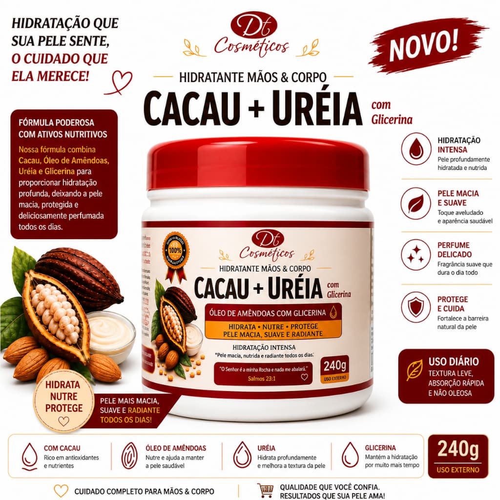 Creme Hidratante Pés Rachados e Mãos 240g Ureia e Cacau — Creme do Pedreiro para Calcanhar e Pele Áspera