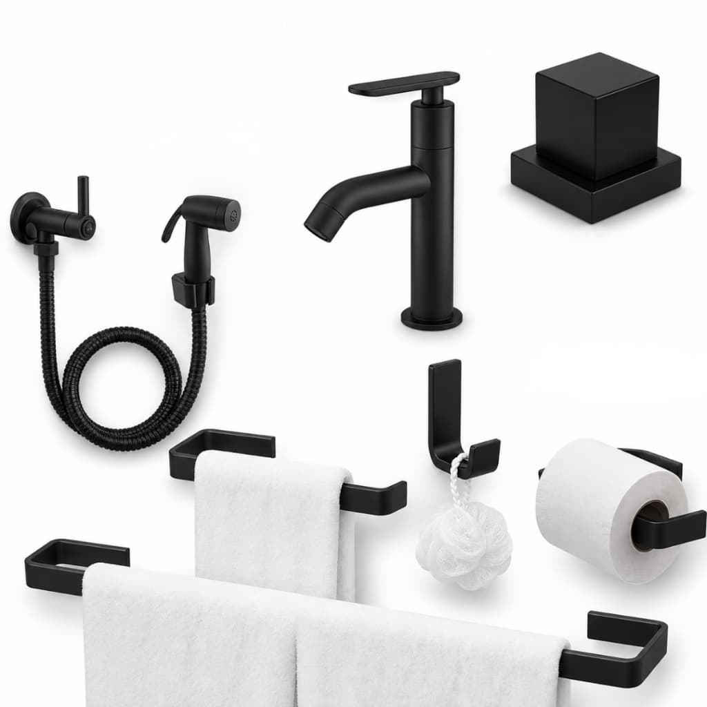 Kit Acessórios Banheiro Completo Preto Torneira Bica Alta Ducha Higiênica 1 Acabamentos Padrã Deca