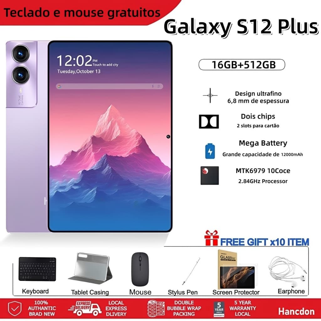Tablet Galaxy S12 Plus 12.86 polegadas HD12000 mAh 16 GB + 512 GB 5G, Wi-Fi, Bluetooth – para estudos e trabalho