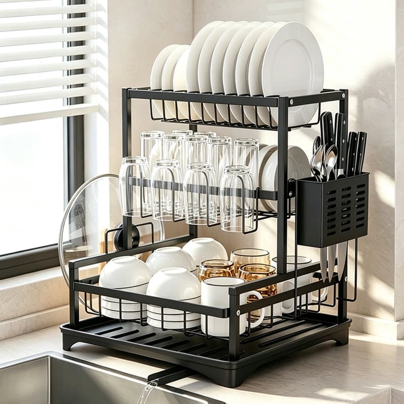 Organizador de Louças Preto 3 Níveis em Aço com Porta-Facas e Porta-Hashi para Bancada de Cozinha