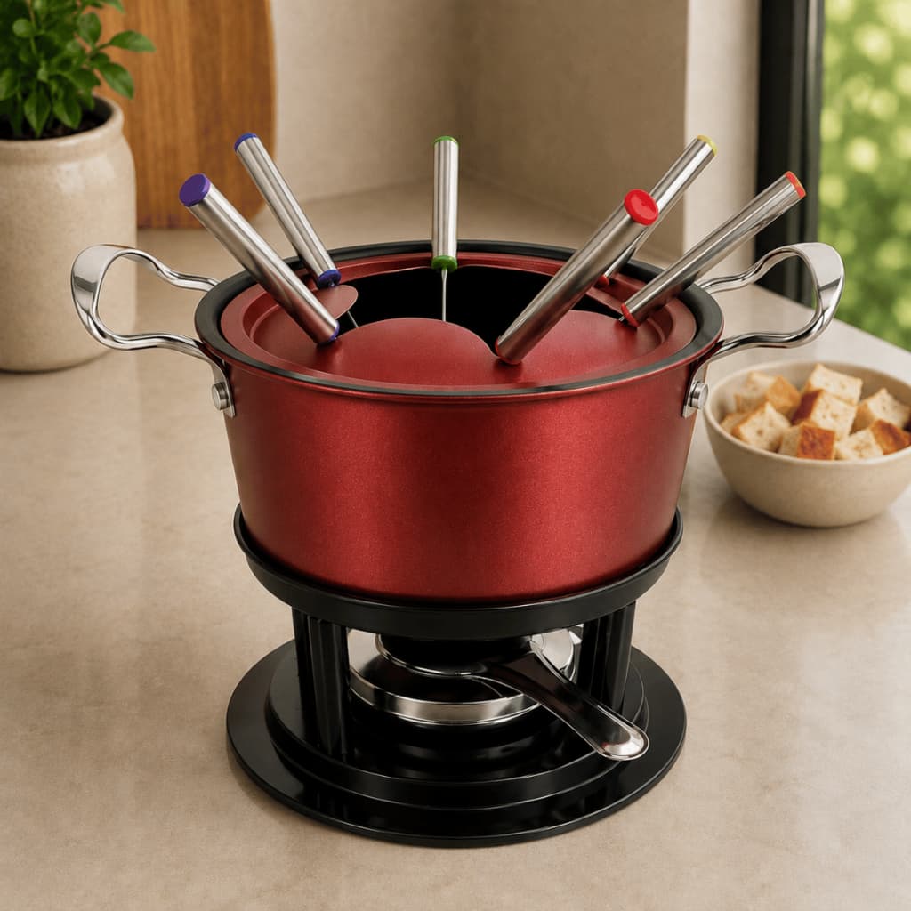 Kit Conjunto Aparelho De Fondue Panela 11 Peças Carne Queijo Chocolate Serve 6 Pessoas