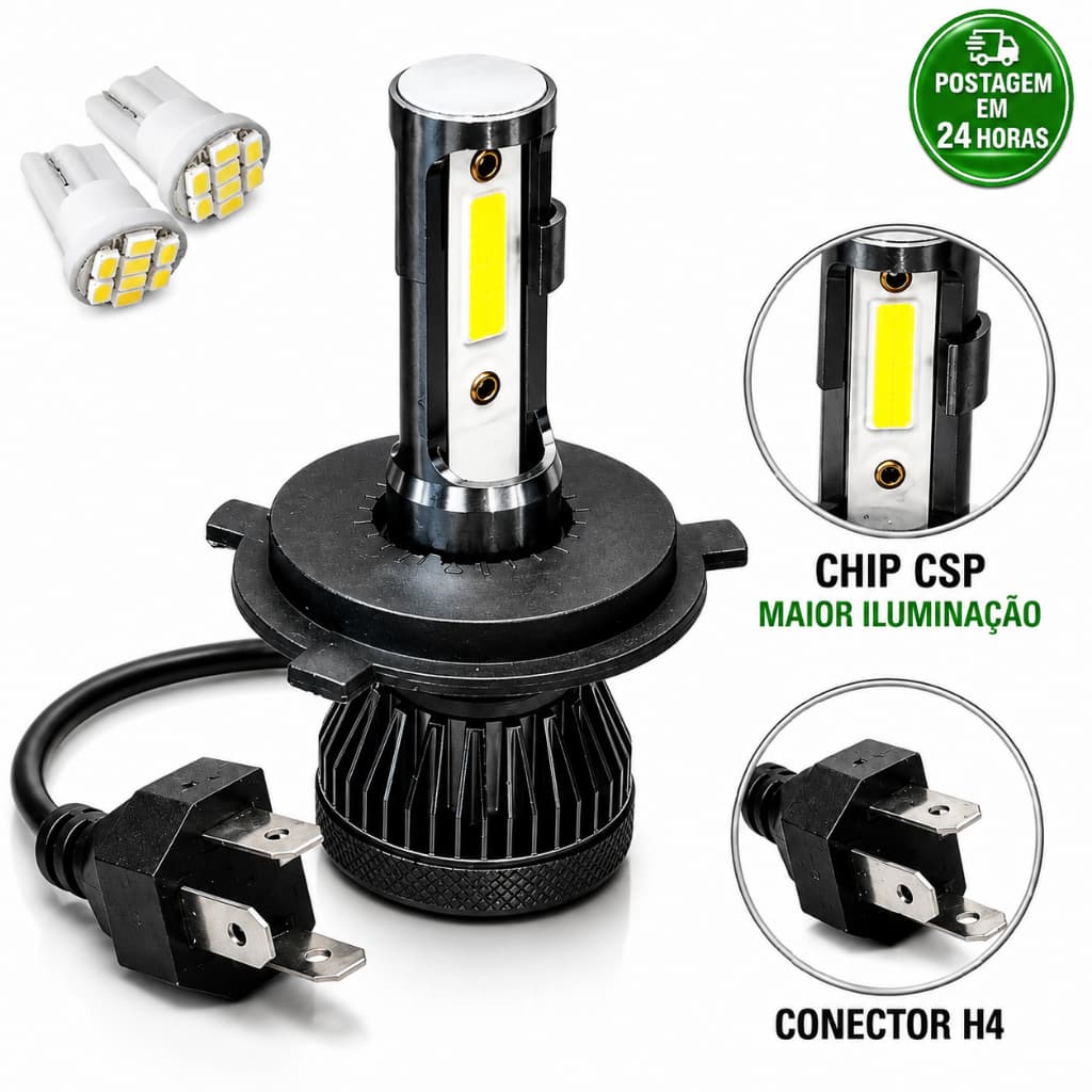Kit Lâmpada LED H4 22000LM 6500K Super Led Farol Alto e Baixo 12V Universal Par Pingo Led T10