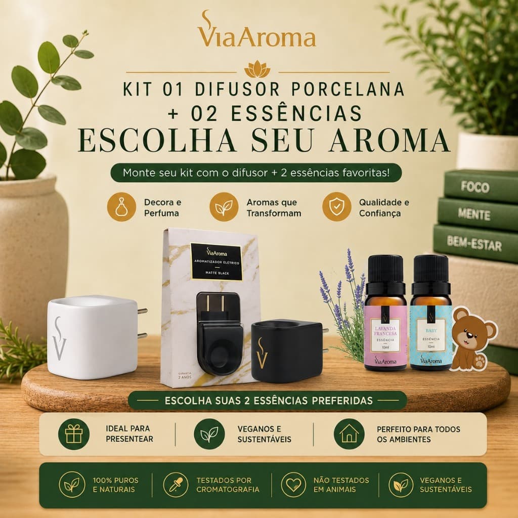 Kit 1 Aromatizador Porcelana + 2 Essências Via Aroma - Escolha os Aromas e Cor do Difusor