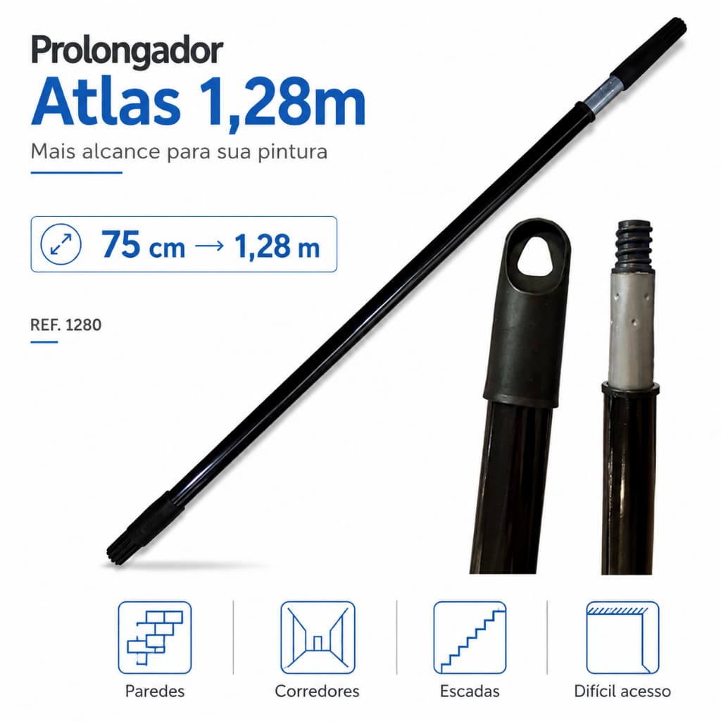 Prolongador Telescópico Atlas 1,28m Extensor para Rolo Garfo de Pintura Cabo Ajustável 75cm Profissional Ref 1280