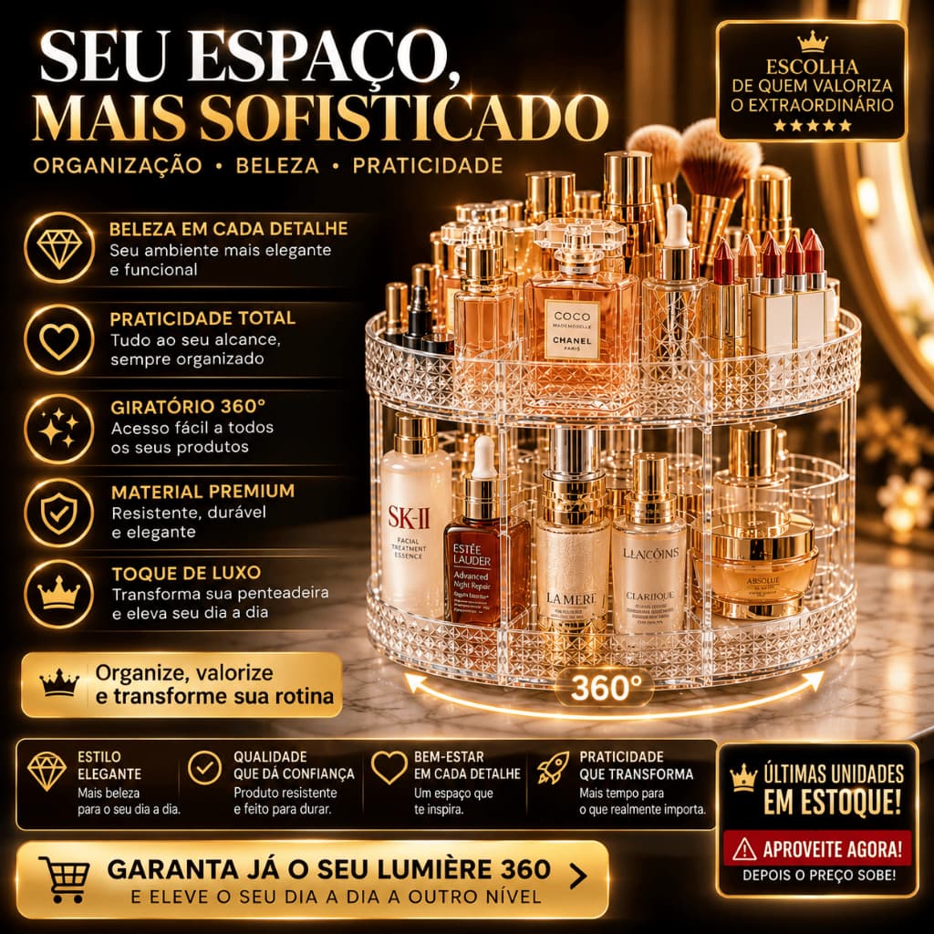 Porta Maquiagem Giratório 360° Organizador de Cosméticos Acrílico Transparente para Penteadeira