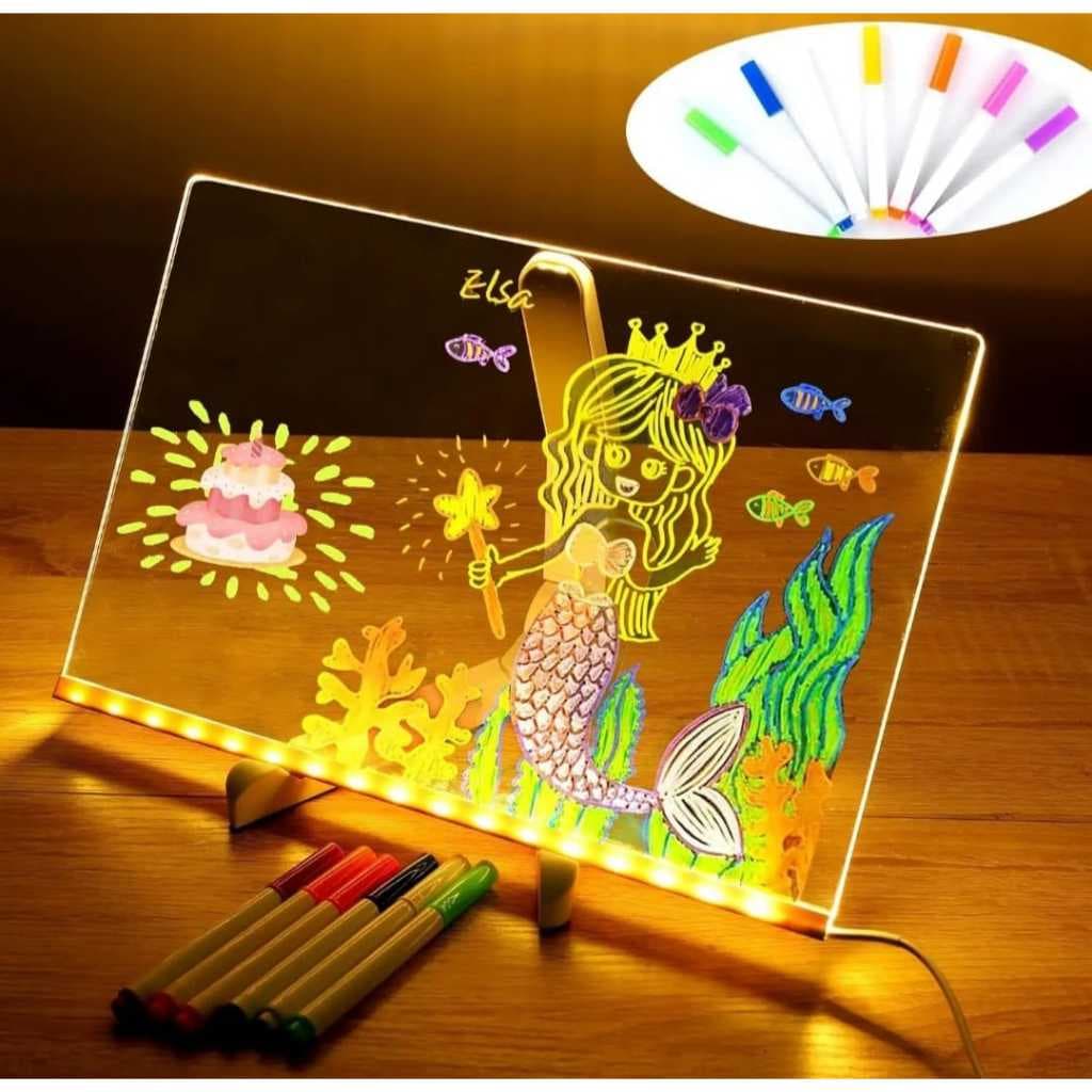 Lousa Mágica LED Escreve e Apaga Infantil Luminária Brinquedo para Crianças Porta Retrato