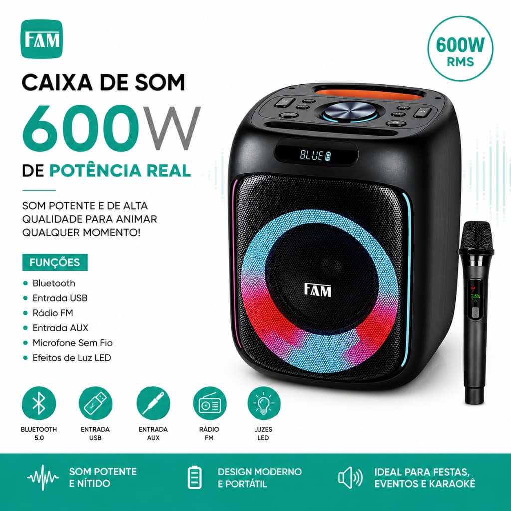 Caixa De Som 600w Bluetooth Karaokê C/microfone Fam A601m1 Preto