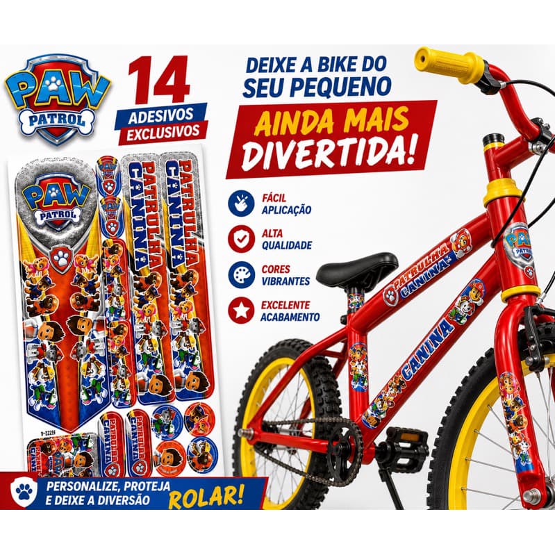 Adesivo Patrulha Canina Bicicletas Cartela Infantil Bike Infantil