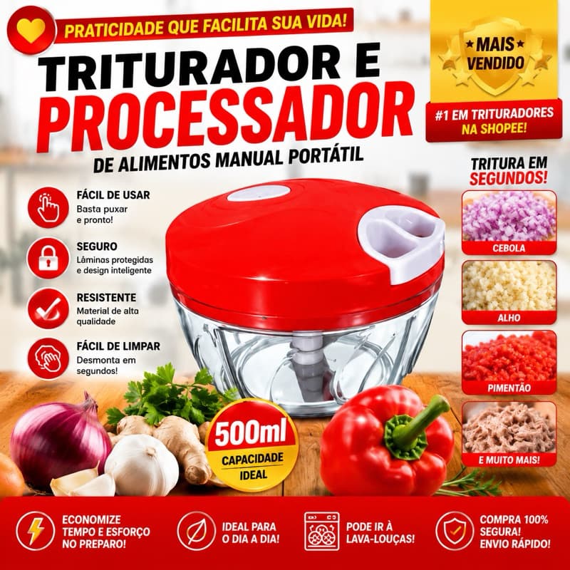 Mini Processador Triturador de Alimentos Picador de Alho Cebola Legumes Temperos 3 Lâminas 500ml