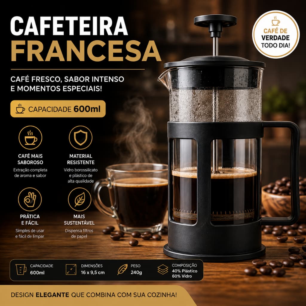 Cafeteira Francesa 600ml Preta Prensa Francesa para Café com Filtro e Êmbolo