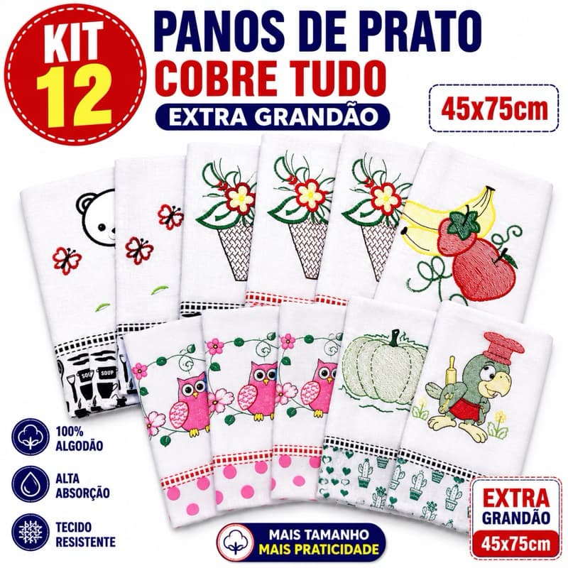 Kit 12 Pano de Prato Ponto Cruz Artersanal 45x75cm