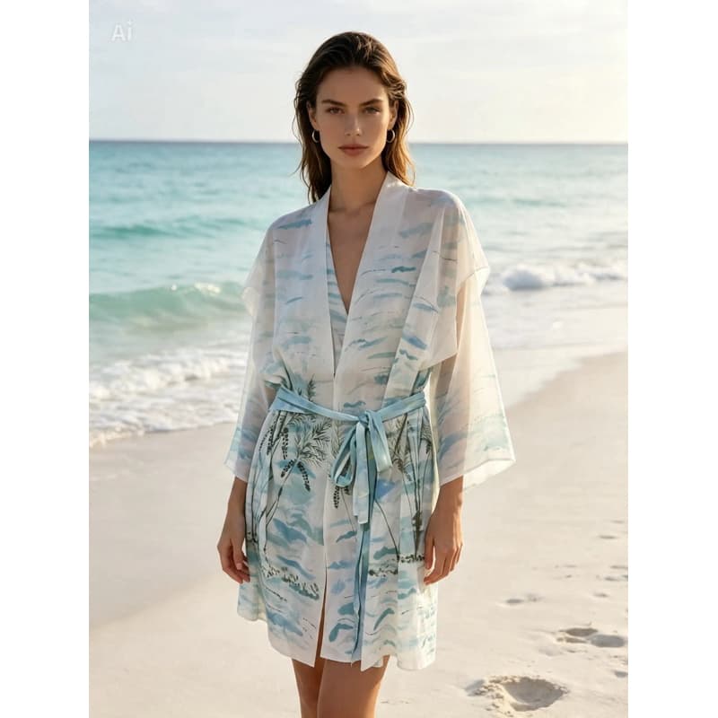 ída de Praia Feminina Quimono Pintado à Mão Azul Floral Verão Leve Elegante Moda