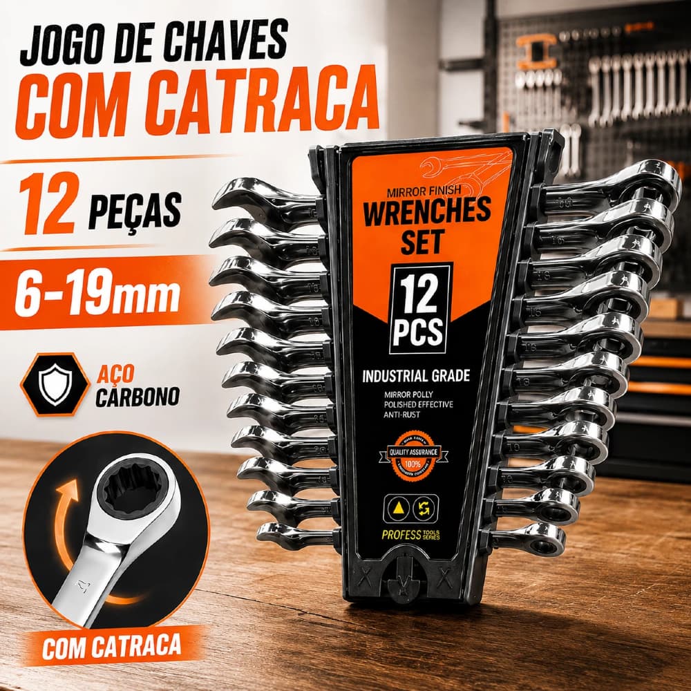 Conjunto de chaves combinadas com catraca de 12 peças Aço Cromado Resistente