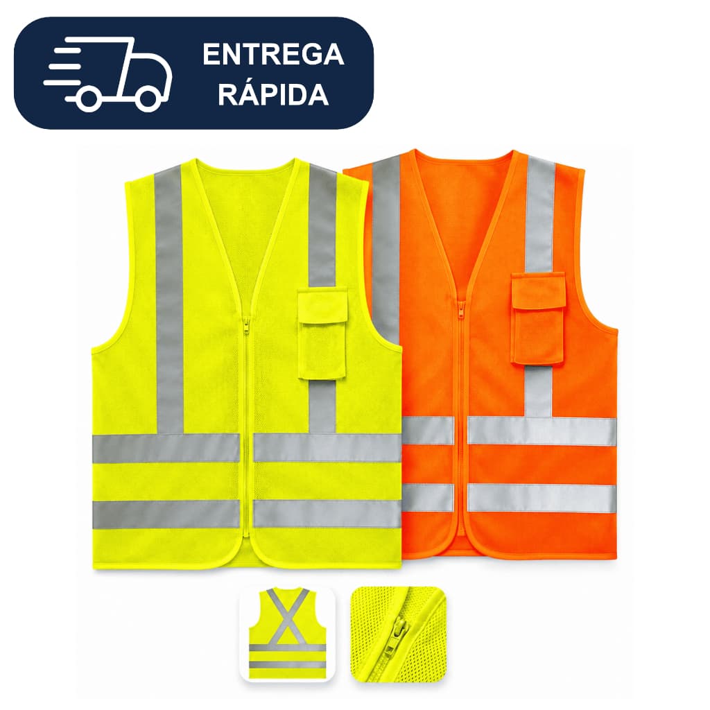 Colete Refletivo Volk com 1 Bolso Alta Visibilidade Classe 2 Zíper Motoboy Entregador Obra