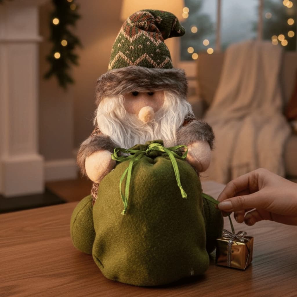 Enfeite Decoração Para Mesa Arvore De Natal Papai Noel Verde Pelúcia Sentado 30CM Presente Natalina 3918