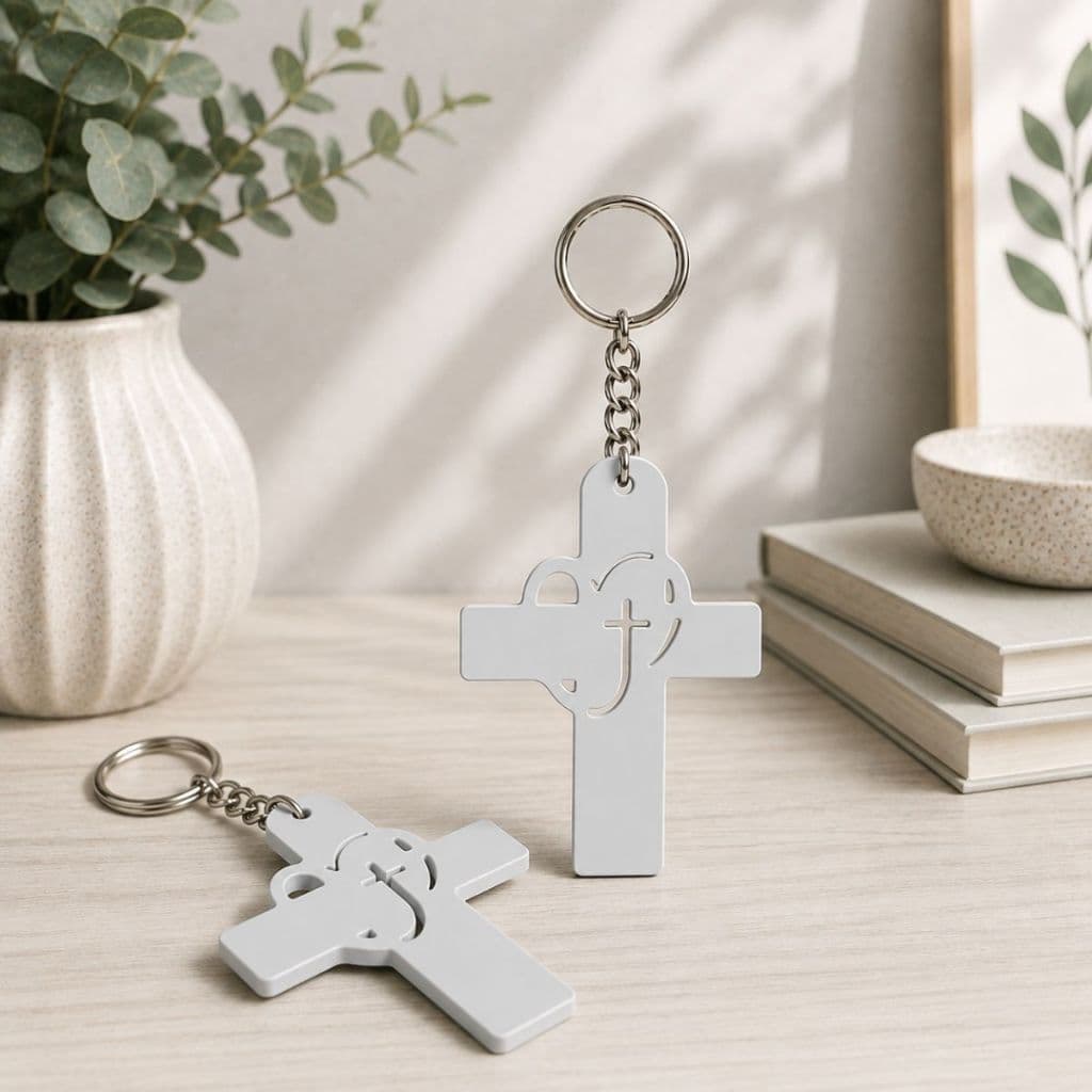 2 Chaveiro Cruz com Coração Cinza Proteção Fé Presente Religioso Envio Imediato