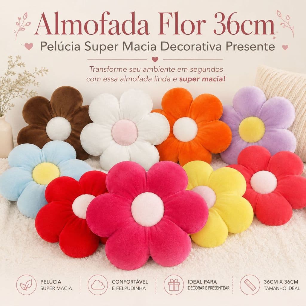 Almofada Flor Margarida de Pelúcia 35cm 6 Pétalas Decorativa para Quarto Sala Sofá Presente Dia das Mães