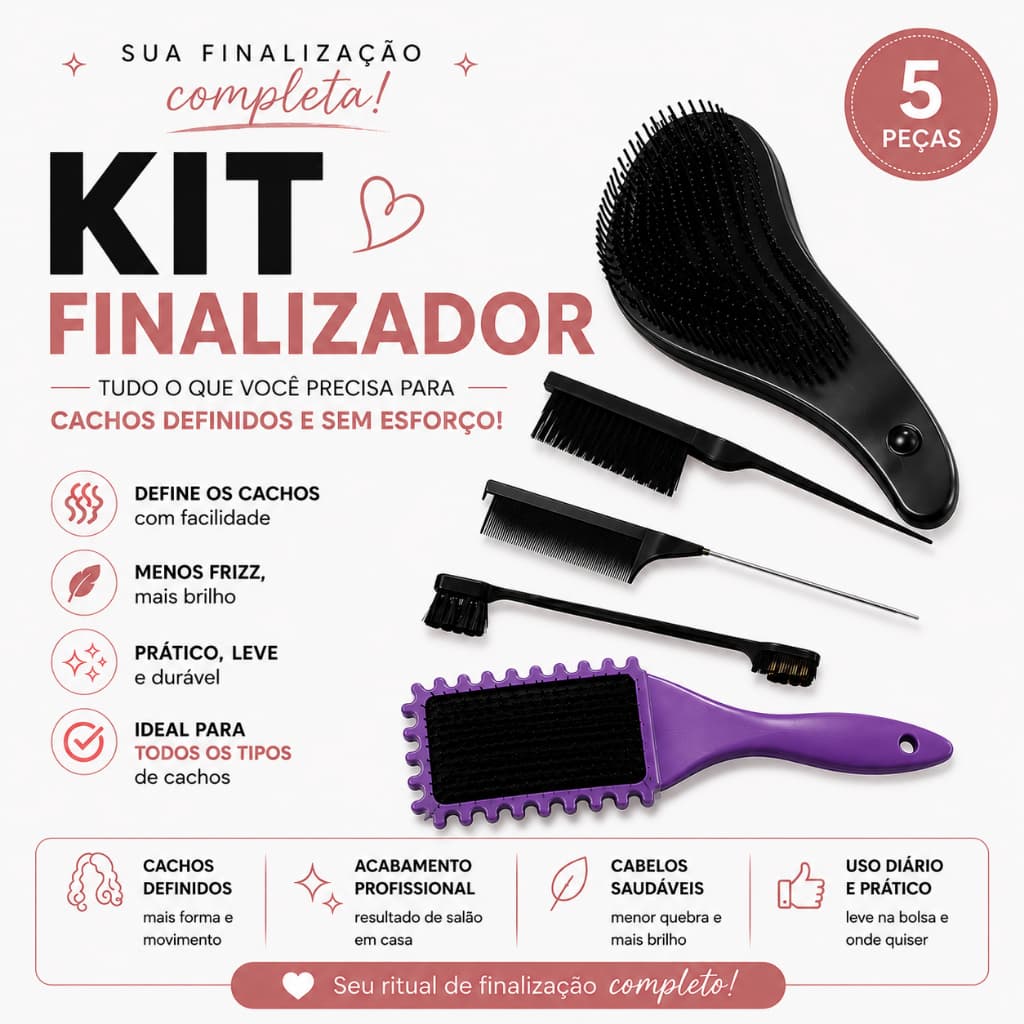 Kit Finalização Cachos 5 Peças 💇‍♀️ Escova Mágica + Onda + Provocadora + Pente Calda + Baby Hair