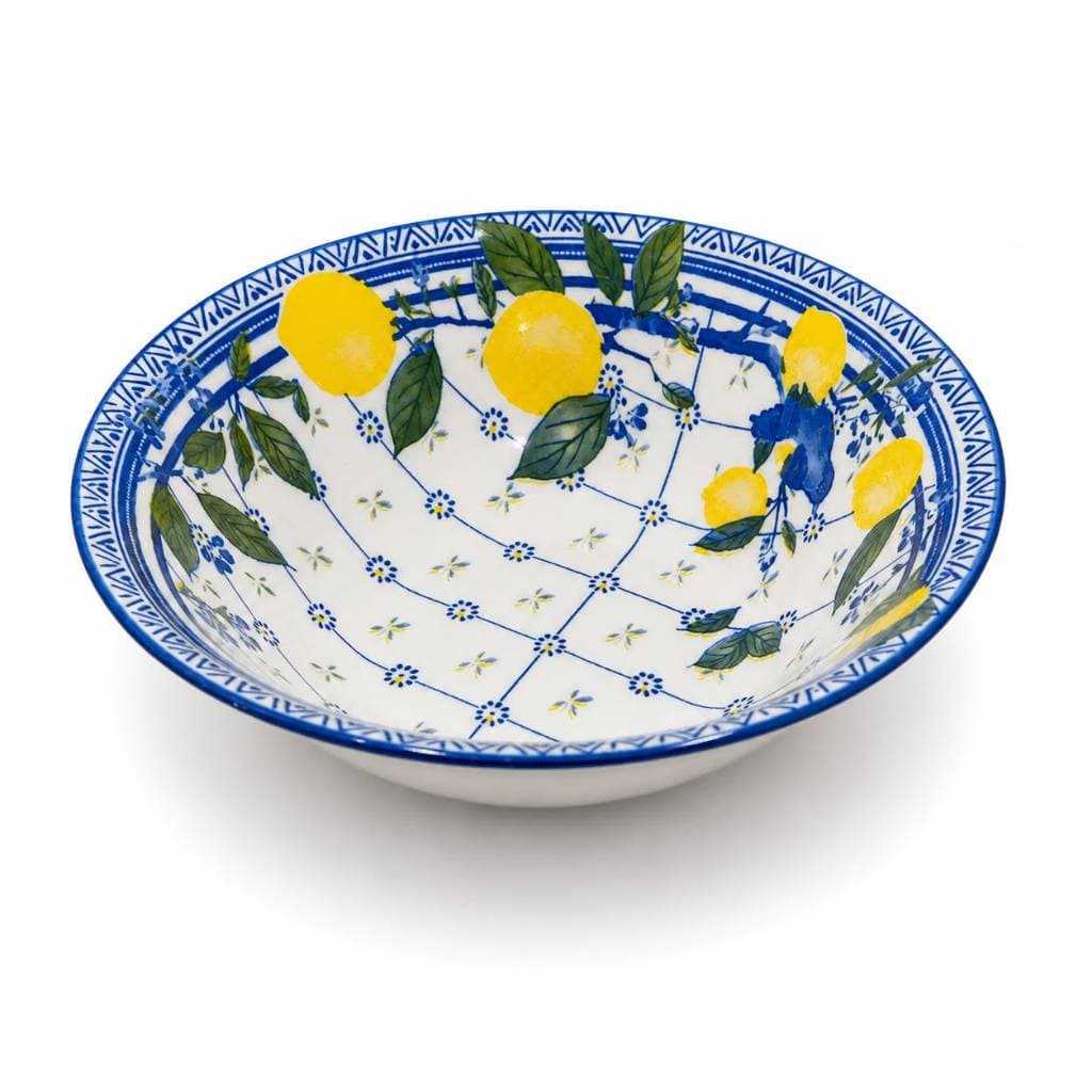 Kit 2 Bowl Cerâmica Decorado Limão Siciliano Treliça Azul 15cm 400ml