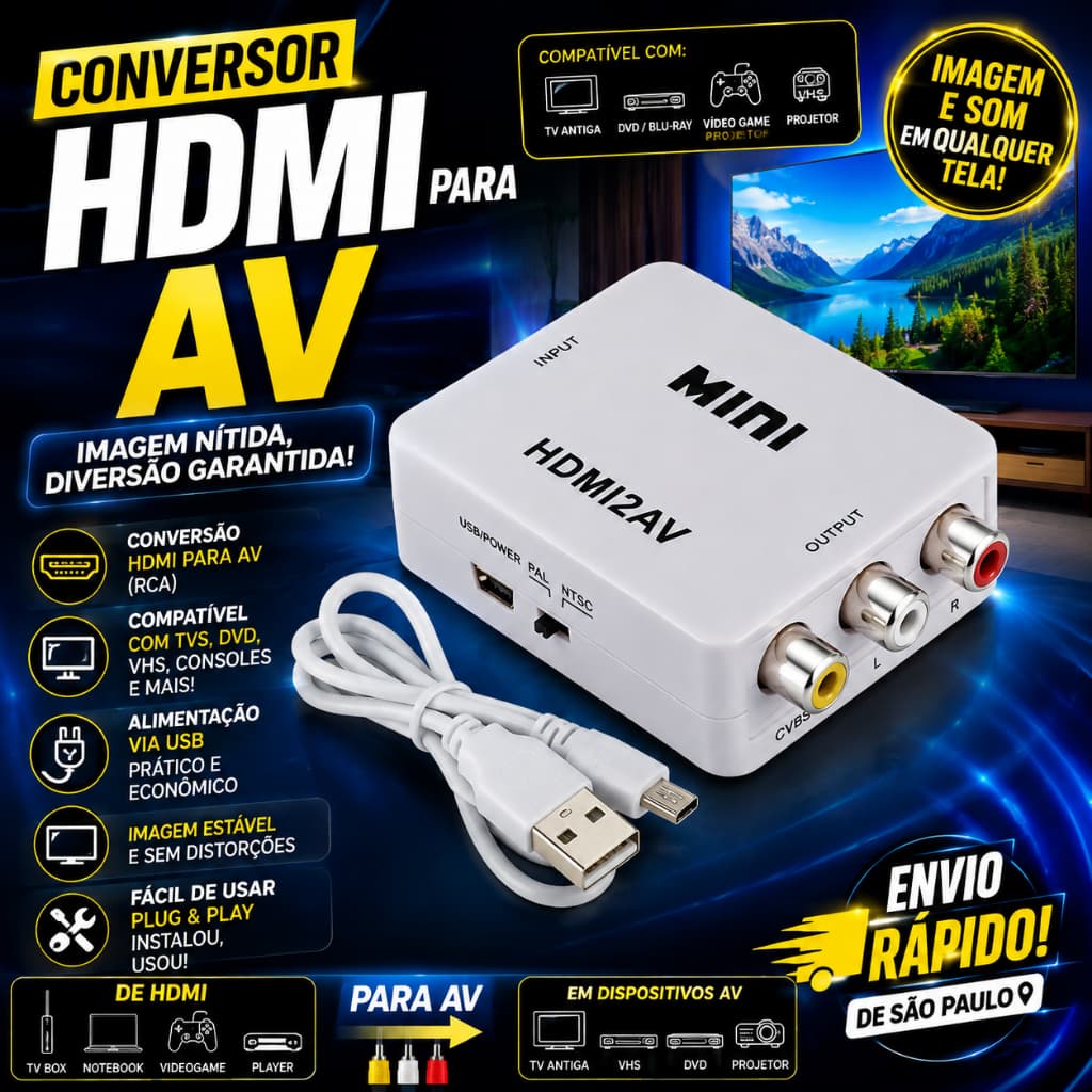 Adaptador Conversor HDMI Para AV RCA TV Antiga De Tubo TV Box PS3 PS4 Notebook Kapbom KAP-V115