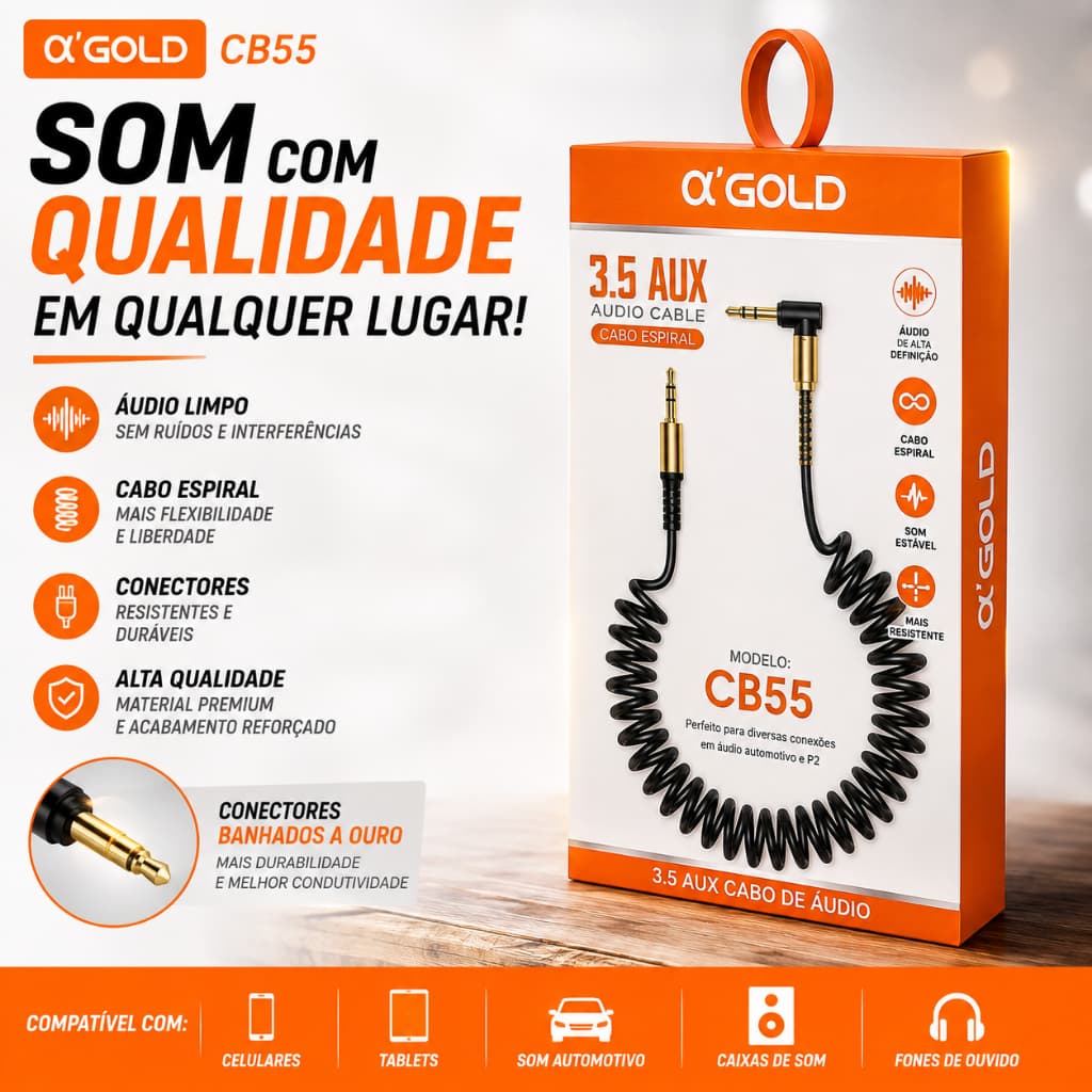 Cabo P2 x P2 Mola Esticavel P/ Som Automotivo Caixa De Som Headset AGold CB55 Cabo Auxiliar 3.5mm