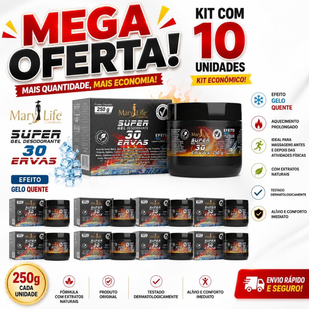 KIT 10 UNID DE SUPER GEL 250G 💪 PODEROSO ALÍVIO MUSCULAR COM O PODER DAS 30 ERVAS!