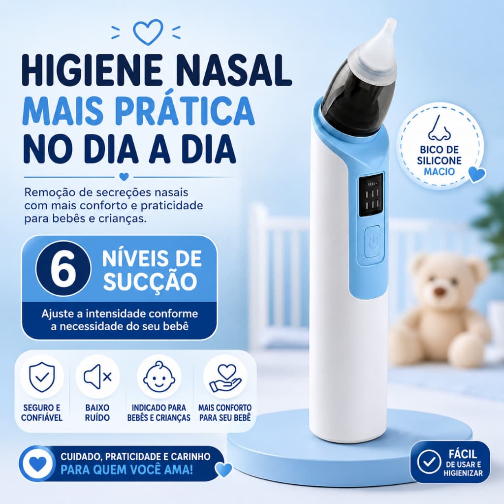 Aspirador Nasal Bebê Recarregável Silicone Macio Limpeza Nasal Infantil Portátil USB