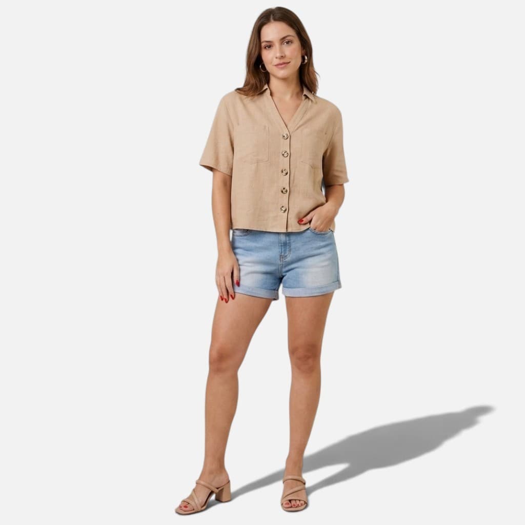 Shorts Jeans Feminino 38 Azul Claro Cintura Média Barra Dobrada Casual 4 Bolsos Funcionais