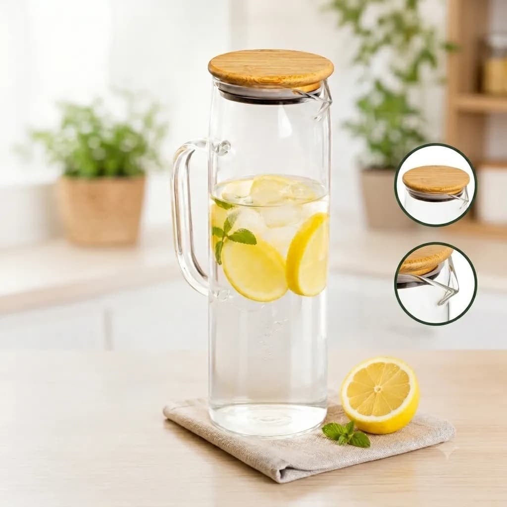 Jarra de Vidro Borossilicato 1,5L com Tampa Banbu Para Suco e Água Transparente