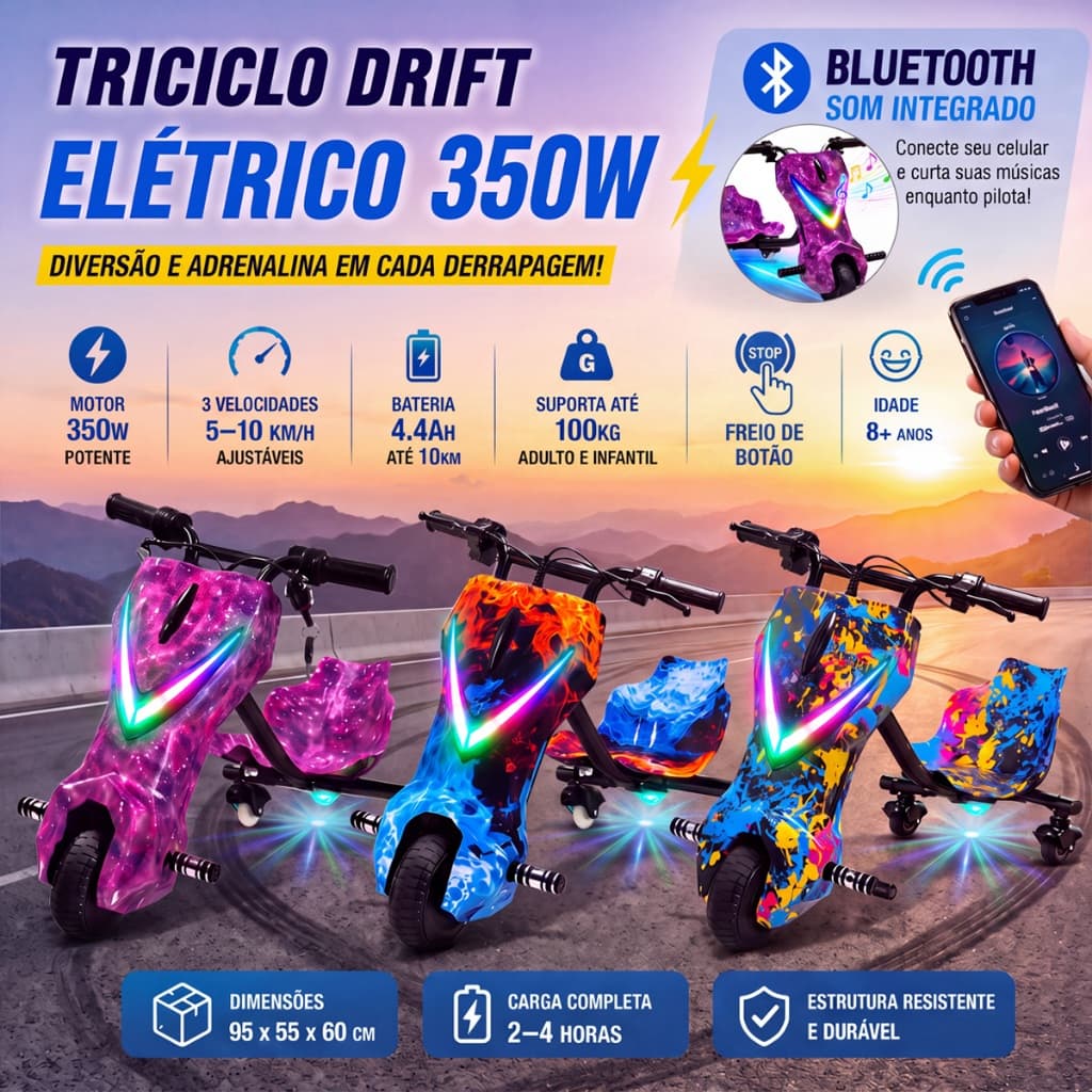 ✨Triciclo Elétrico Drift Infantil LED Colorido Bluetooth Radical Seguro Recarregável