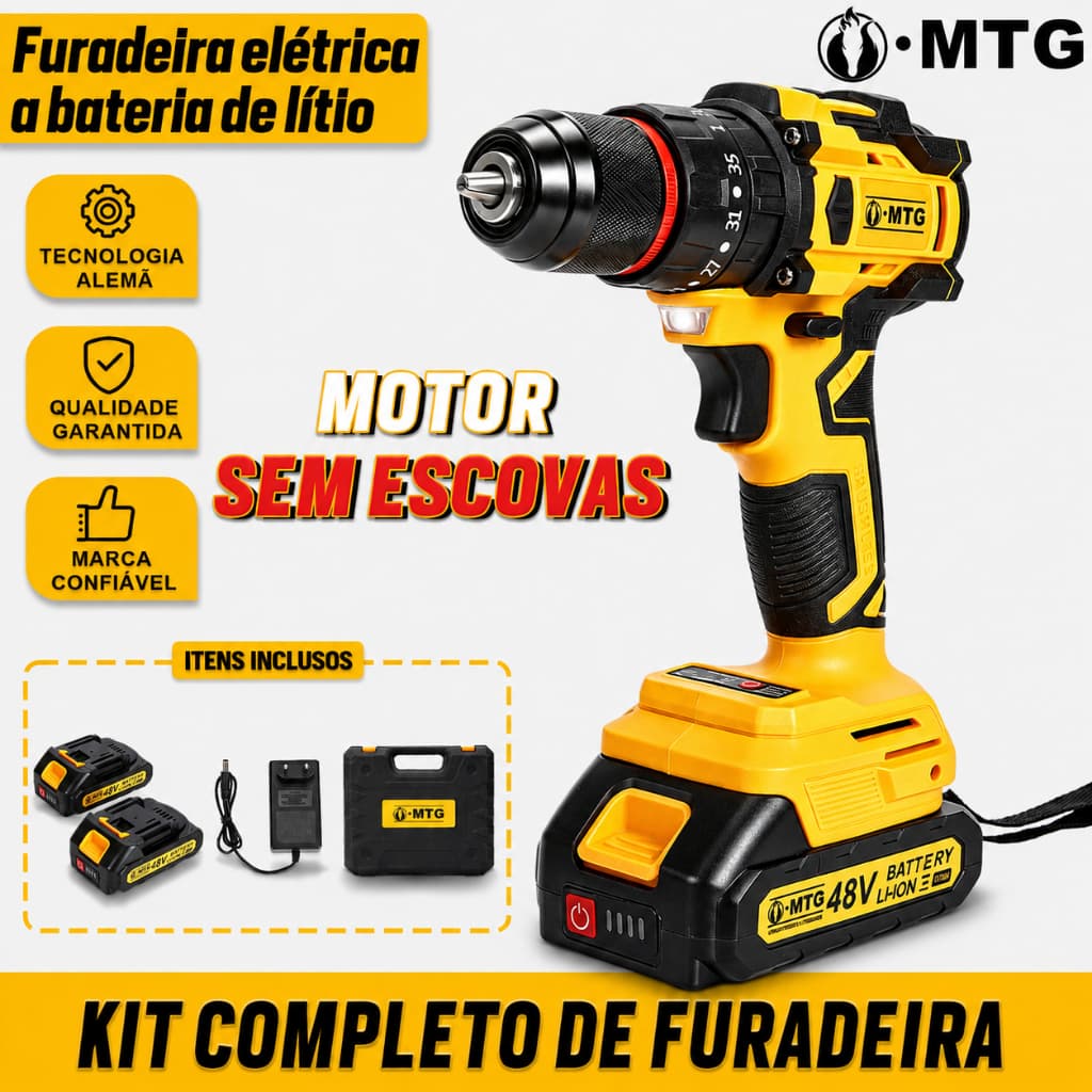 Furadeira Parafusadeira Sem Fio MTG 48V Brushless com Impacto, 2 Baterias Li-ion, Carregador, Maleta e Kit de Acessórios