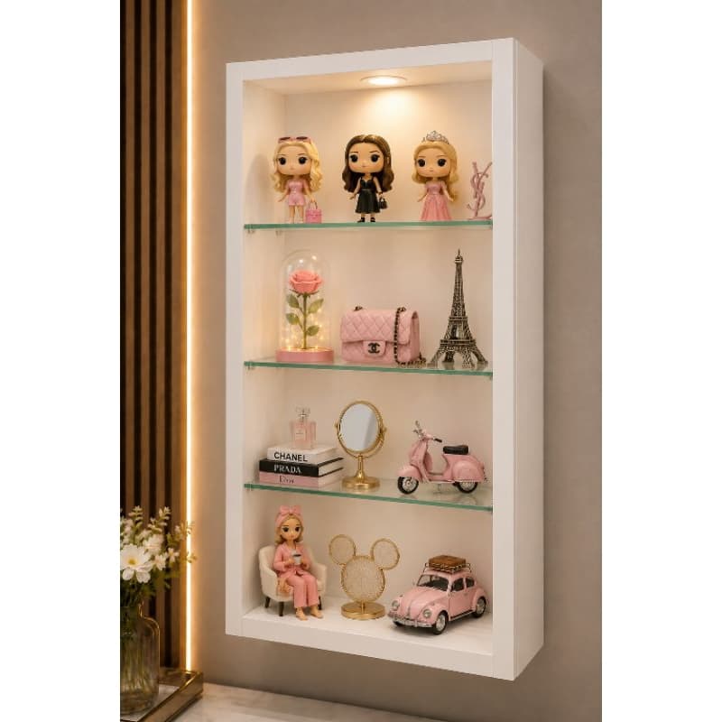 Cristaleira Expositora de Parede em MDF com Prateleiras de Vidro – 60x30x15 cm . Envio montada