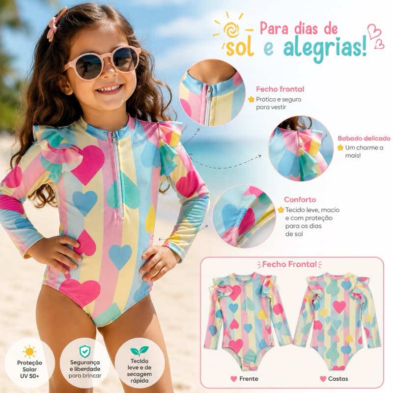 Maiô Infantil Feminino Manga Longa Com Zíper Praia Piscina