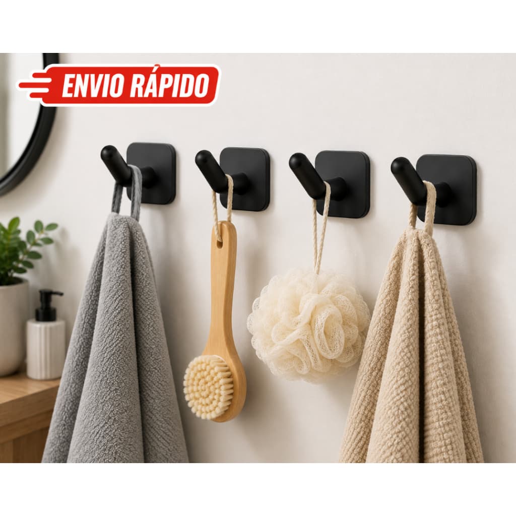 Kit Ganchos Parede Preto Porta Toalhas Adesivos Fita Tipo 3M Sem Furo Cozinha Banheiro Cabideiro