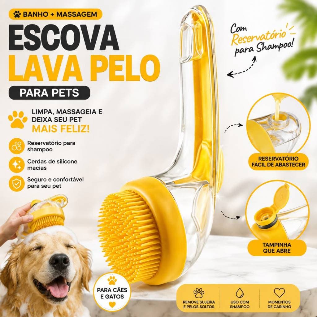 Escova Pet Banho 2 em 1 com Shampoo Lava Pelo Massageadora para Cães e Gatos