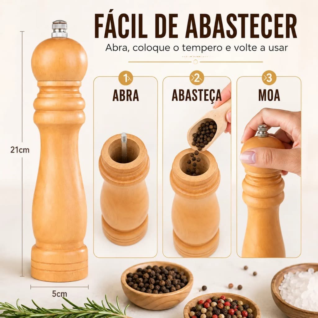 Kit 2 Moedores Madeira Manual Sal Pimenta Tempero Grãos 21cm
