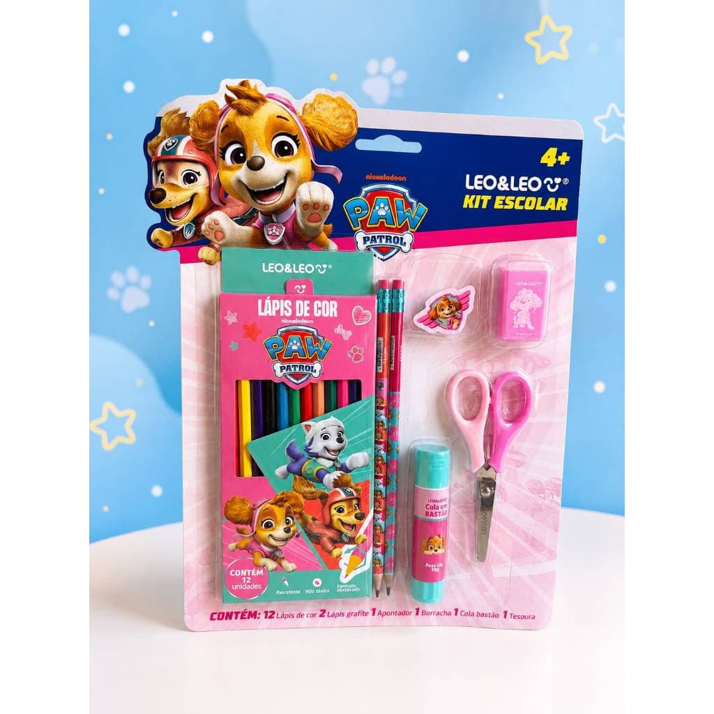 Kit Escolar Patrulha Canina 18 Itens Leo&Leo – Lápis de cor, lapis de escrever, borracha, apontador, cola e tesoura