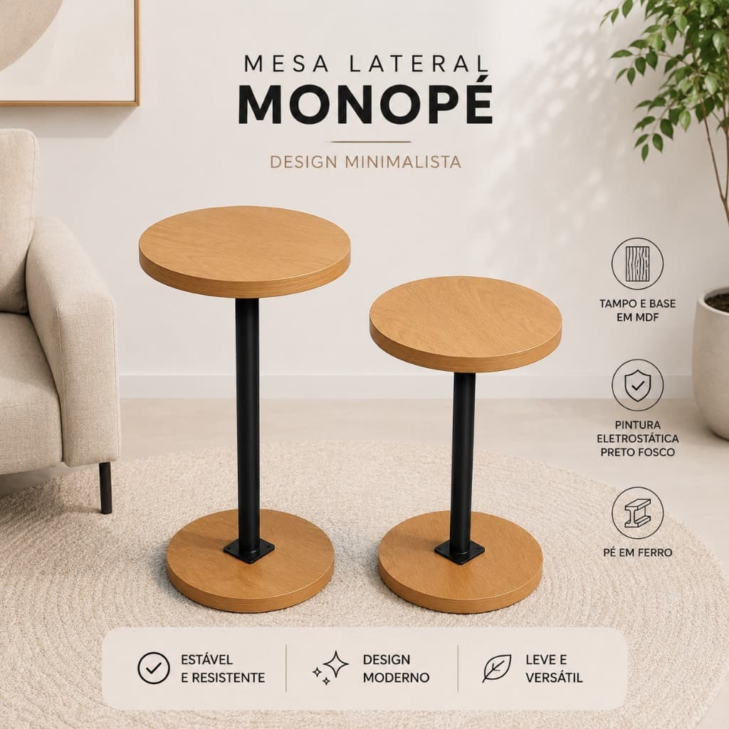 Kit 2 Mesas Laterais Monopé Redondas em MDF Pé de Ferro Preto para Sala Quarto Decoração