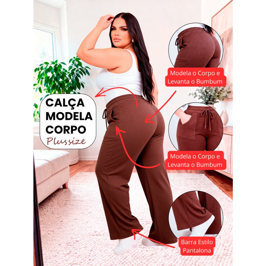 Calça Pantalona Feminino Plus Size Tecido texturado Confortável Cintura Alta Pantalona GG até G4