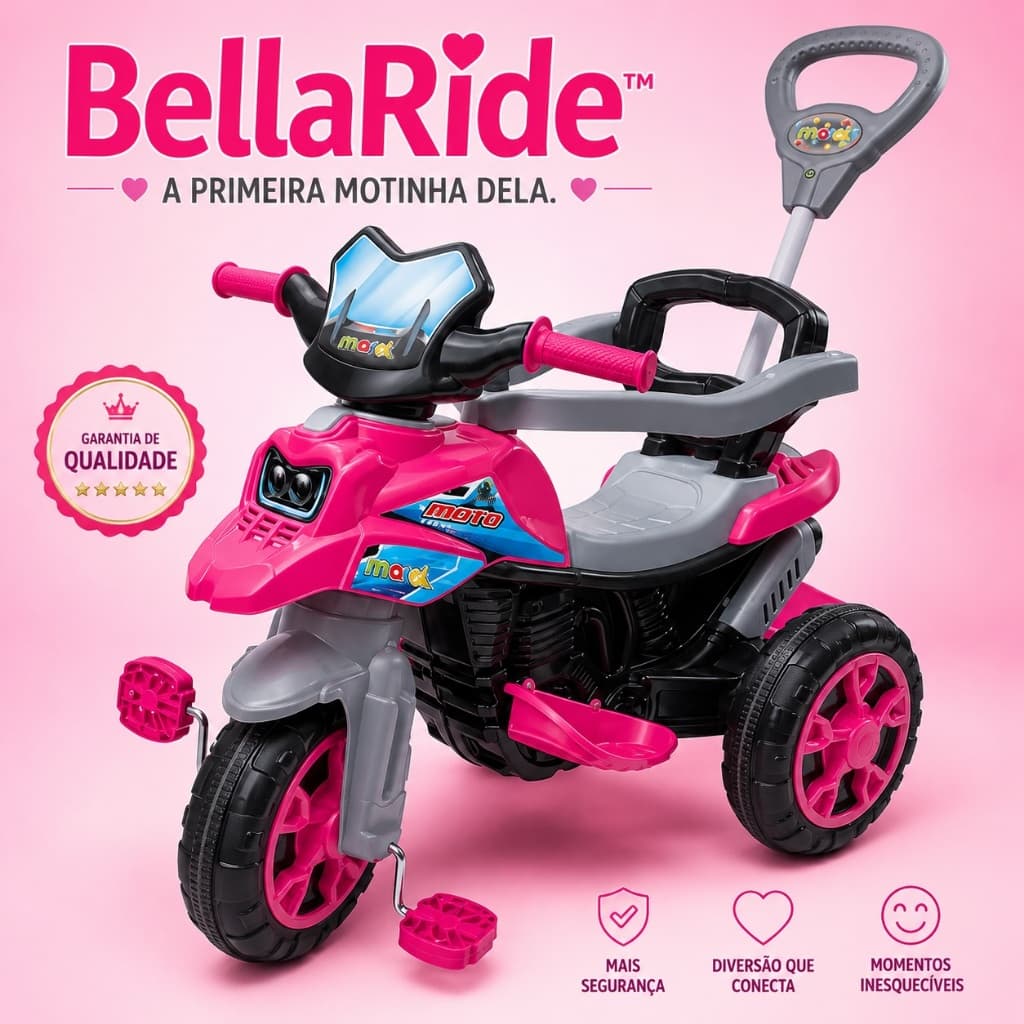 Triciclo Infantil Rosa Pedal Haste Momentos Felizes Diversão Infância
