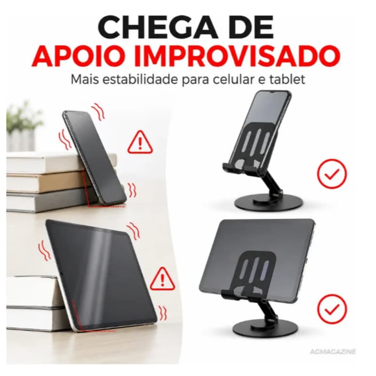 Suporte Tablet e Celular Metálico Rotativo Resistente Elegante e Totalmente Ajustável