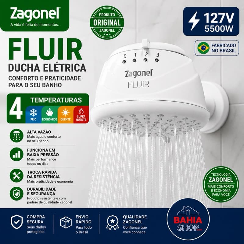 Chuveiro Ducha Elétrica Zagonel Fluir 4 Temperaturas 127V 5500W Branco