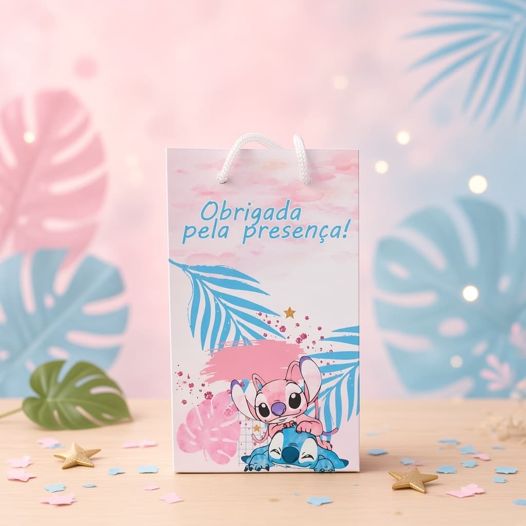 STITCH E ANGEL AQUARELA Sacolinha P Sacola Surpresa Lembrancinha para Festa
