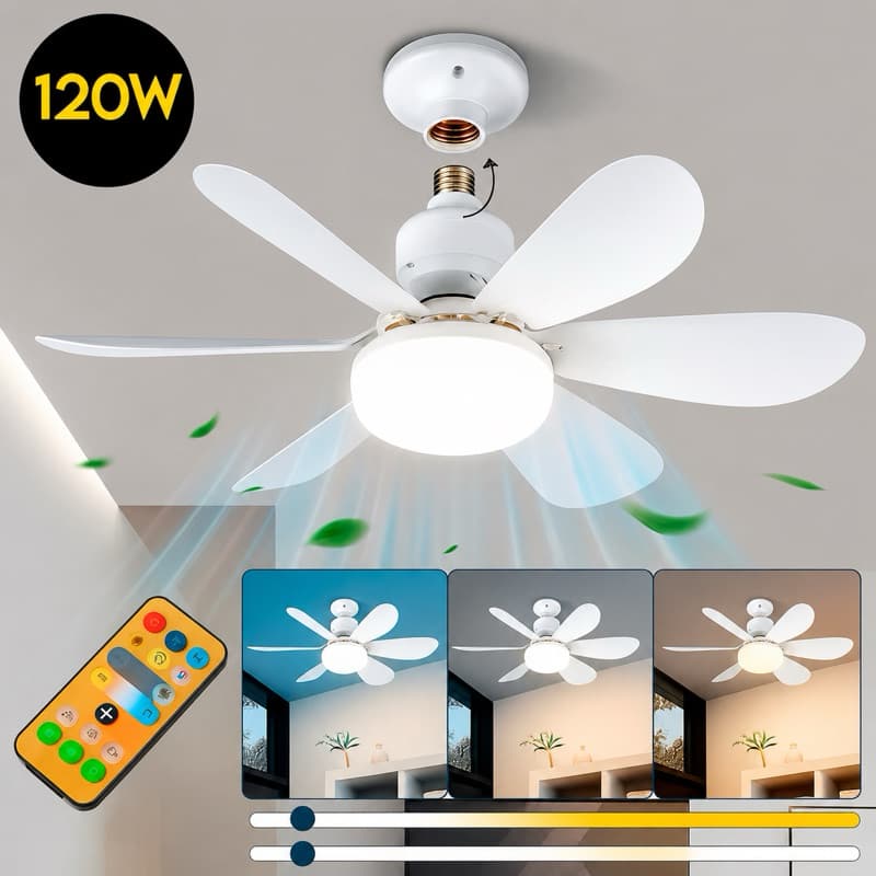 Ventilador de teto Lâmpada Luz LED 3 Cores 120W 6 Hélices Controle Bivolt Potente Silencioso Portátil