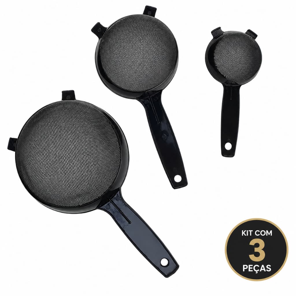 Kit Peneiras de Plástico Preta 3 peças - Mini, Pequena e Média