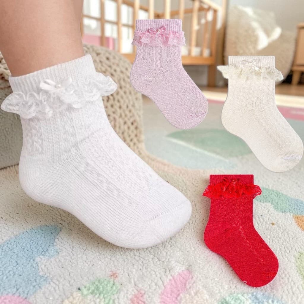 MEIA FESTA BEBE MENINA LACO CURTO RENDA BATIZADO BABADO CHARMOSA DELICADA CONFORTAVEL ALGODAO