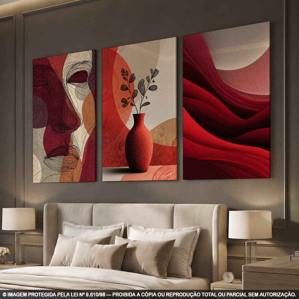 Kit 3 Quadros Decorativos Abstratos com Vaso em Tons Terrosos e Vermelhos para Sala