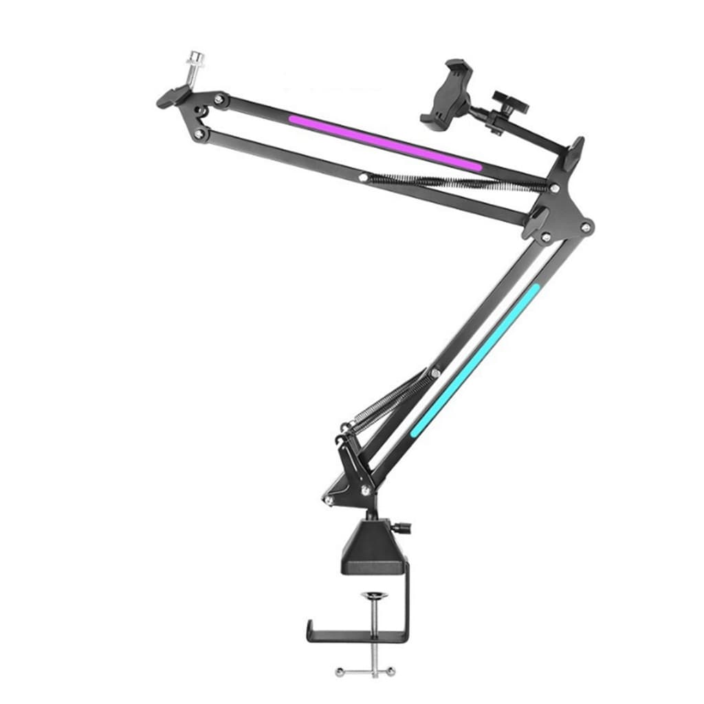 Suporte Articulado Para Microfone De Mesa RGB Gamer + Suporte Celular Podcast Streaming