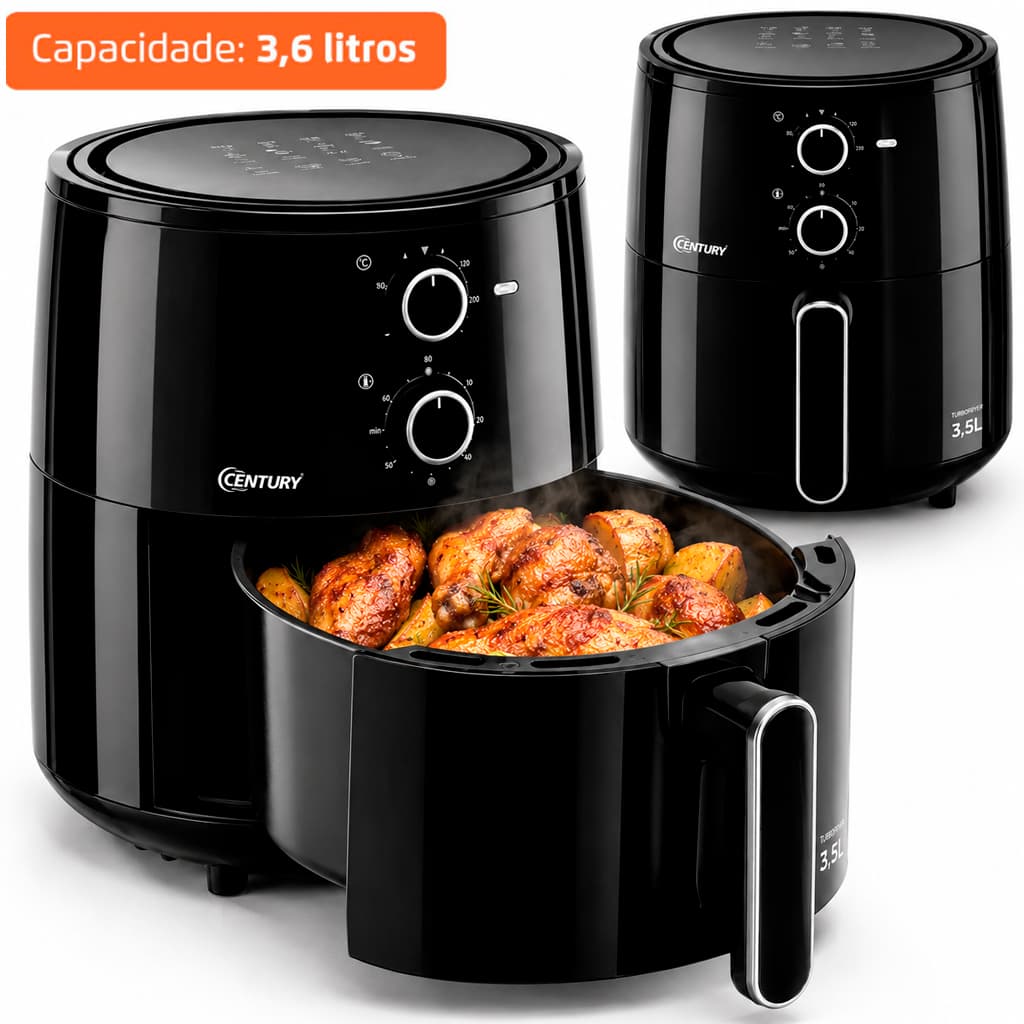 Fritadeira Air Fryer Elétrica Sem Óleo 3,5 L Antiaderente 220V Controle Temperatura Timer Century